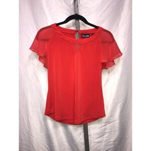 7th Avenue Design Studio New York Company Red Sheer Flutter Sleeve V Neck Top XS